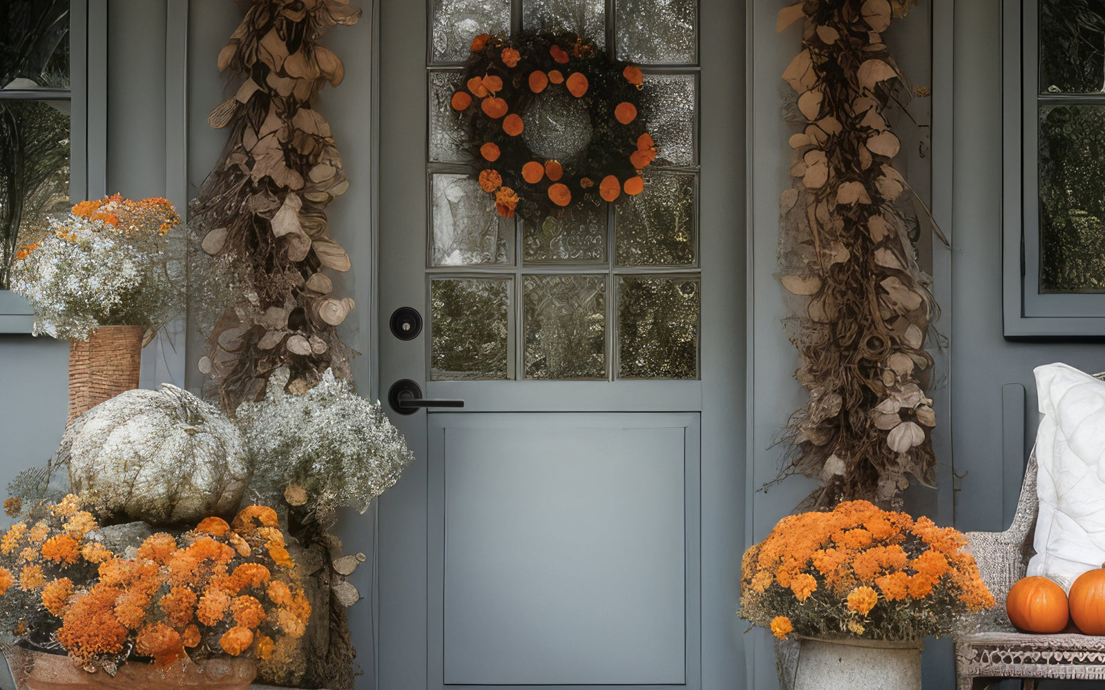 fall themed autumn blue front door with orange mums and a black hardware entry set from ageless iron hardware