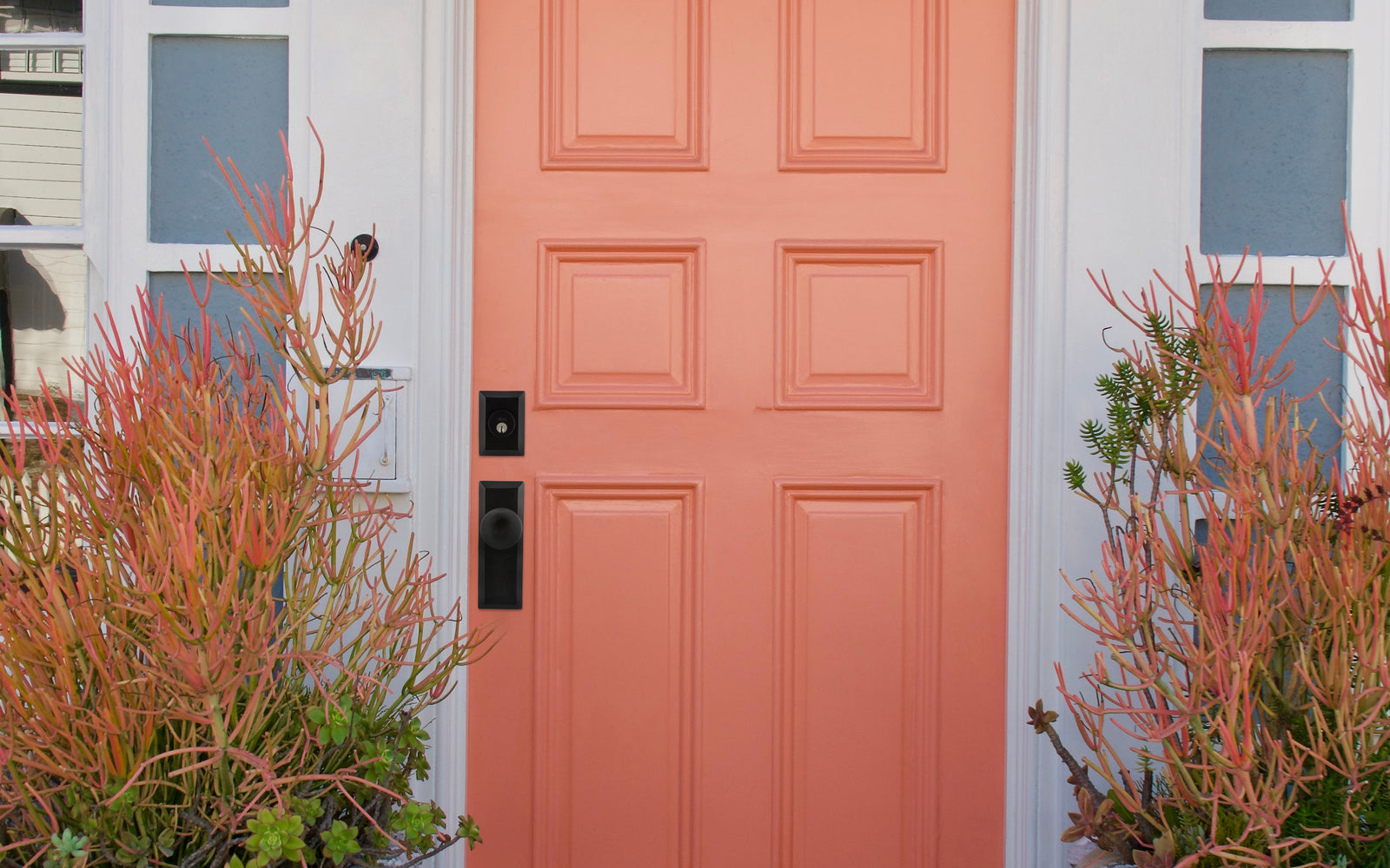 a pantone peach fuzz front door with black entry set hardware from ageless iron