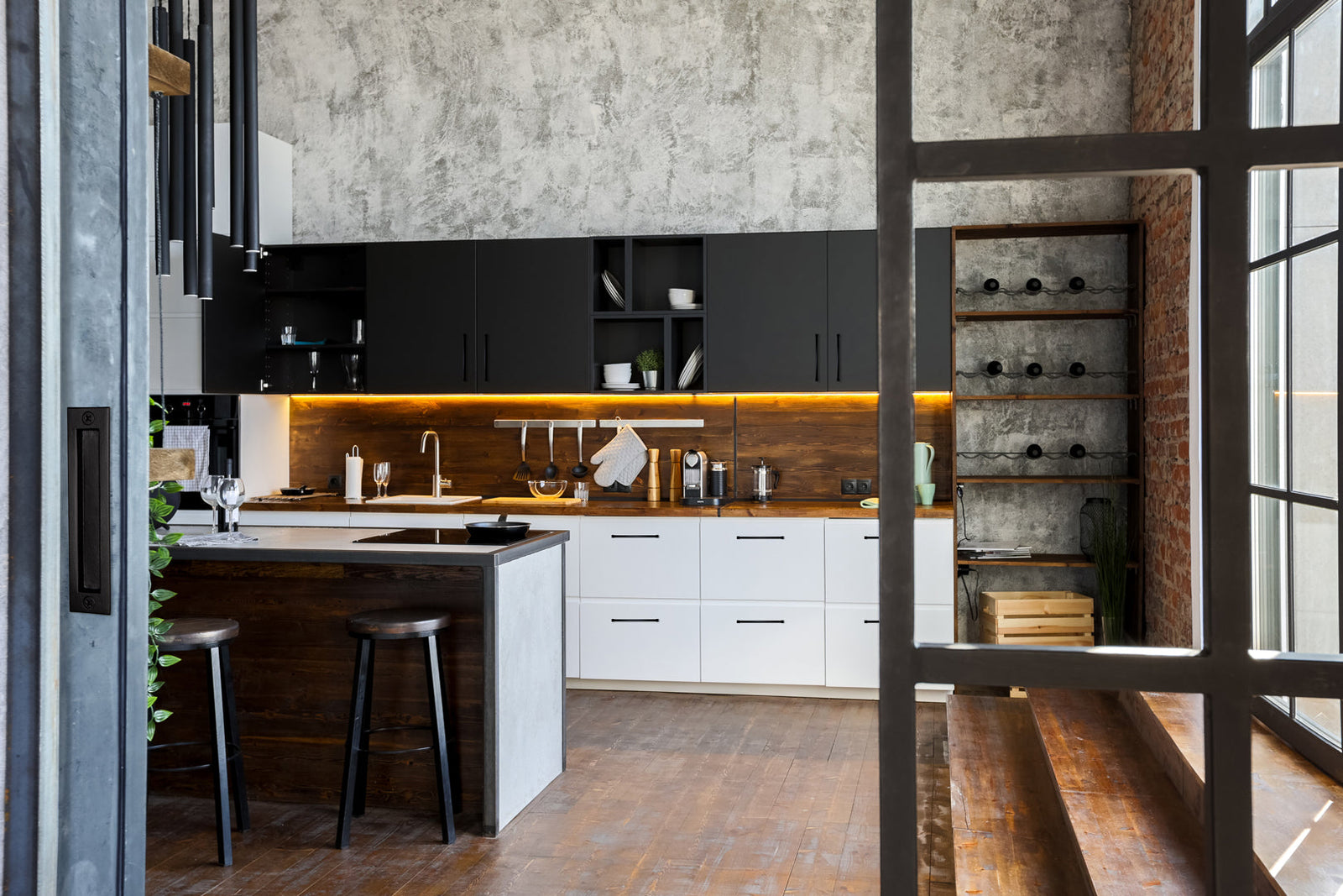 industrial style kitchen with french doors with windows and black flush pull from ageless iron hardware