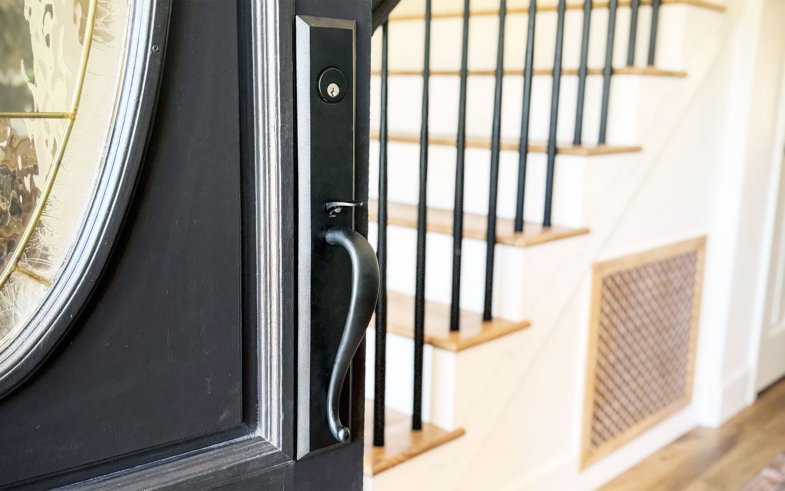 black front door glass inset black modern ageless iron door hardware entry set handleset