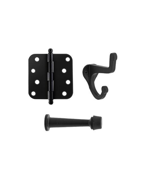 Ageless Iron black door hinges, coat hooks and door stops with black rubber tip