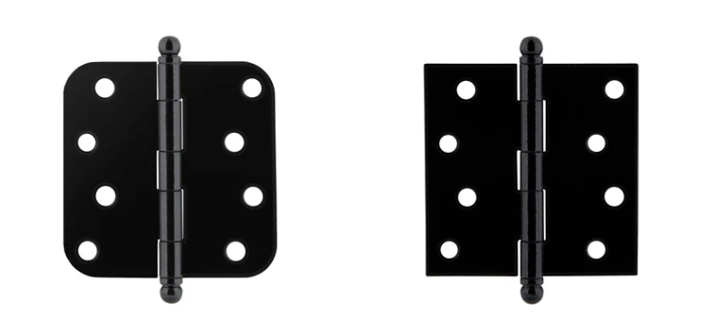 Ageless Iron matte black door hinges in round-corner and square-corner styles with ball-tip finials