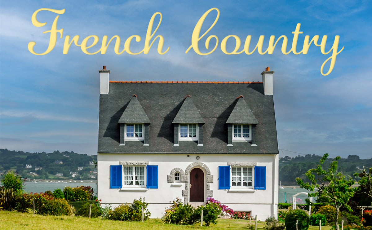 French Country style home exterior — matte black cast iron hardware completes the rustic look