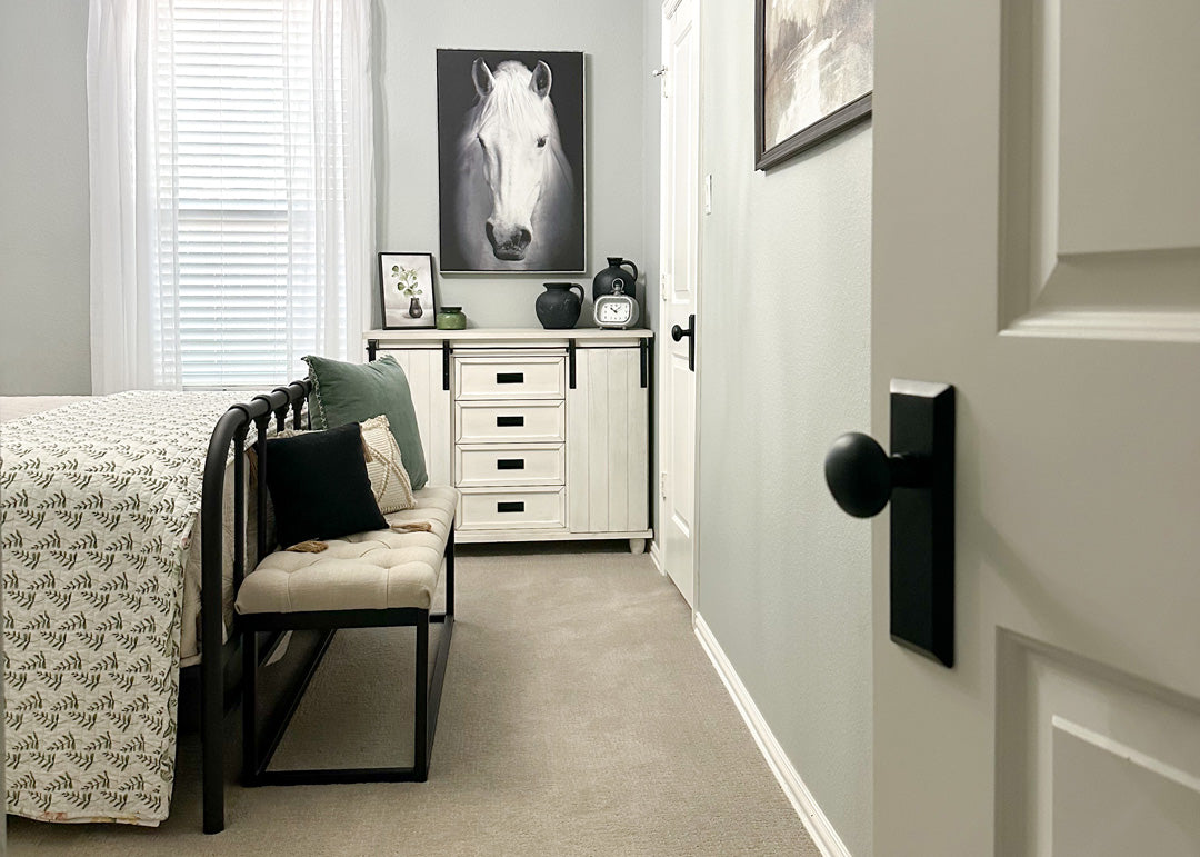 a modern transitional home with light blue walls a white door and black hardware accessories ageless iron