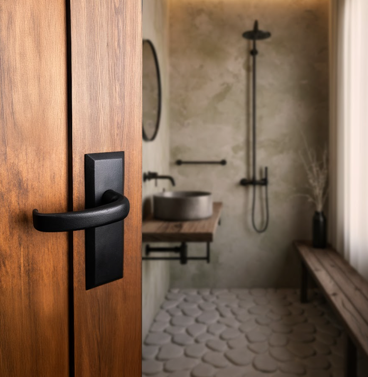 Ageless Iron Vale Short Plate with Crescent Lever in matte black cast iron on warm wood door, rustic bathroom interior