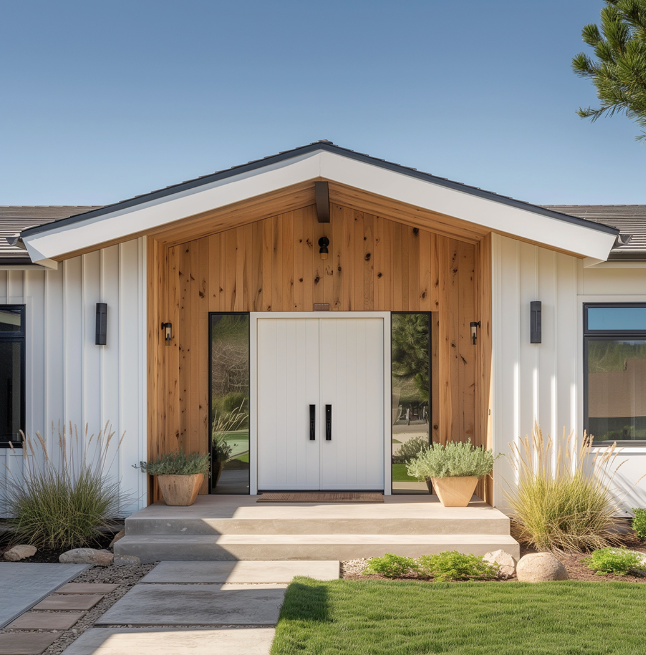 Modern front door hardware set with black double-door handles on a white farmhouse-style entry
