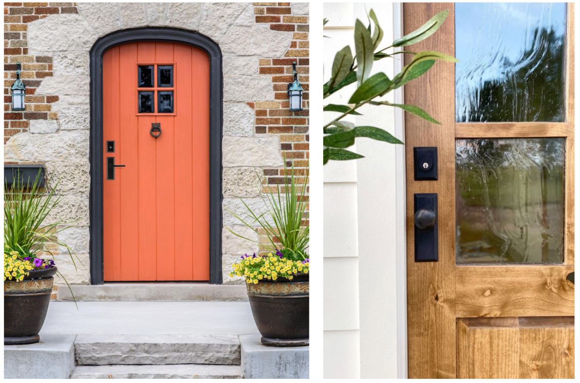 Black front door handle styles compared: arched coral door with stone exterior next to a wood door with glass panels