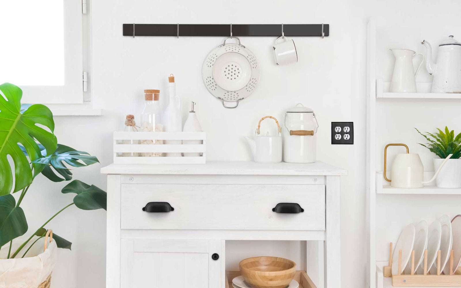 Modern farmhouse living room with matte black cast iron hardware accents