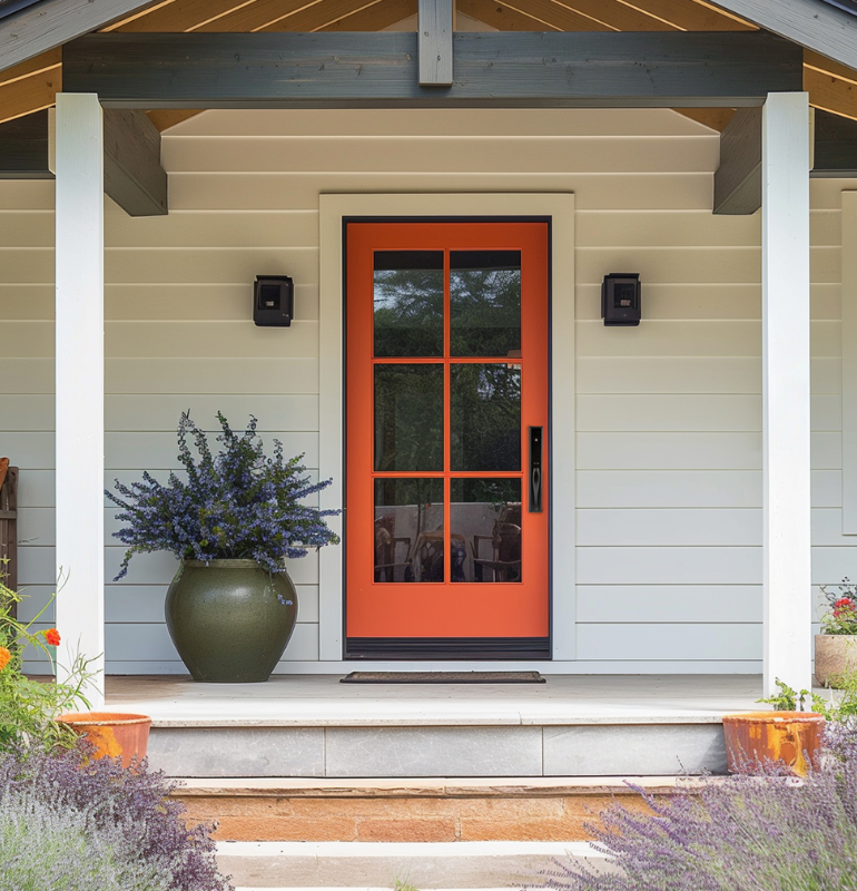 Matte black door hardware on a bold orange front door — Ageless Iron cast iron entry set installed on a craftsman-style home