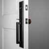 Keep One-Piece Handleset with D-Grip and Vale Short Plate and Brown Autumn Porcelain Knob