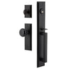 Keep One-Piece Handleset with D-Grip and Keep Long Plate and Black Shadow Porcelain Knob