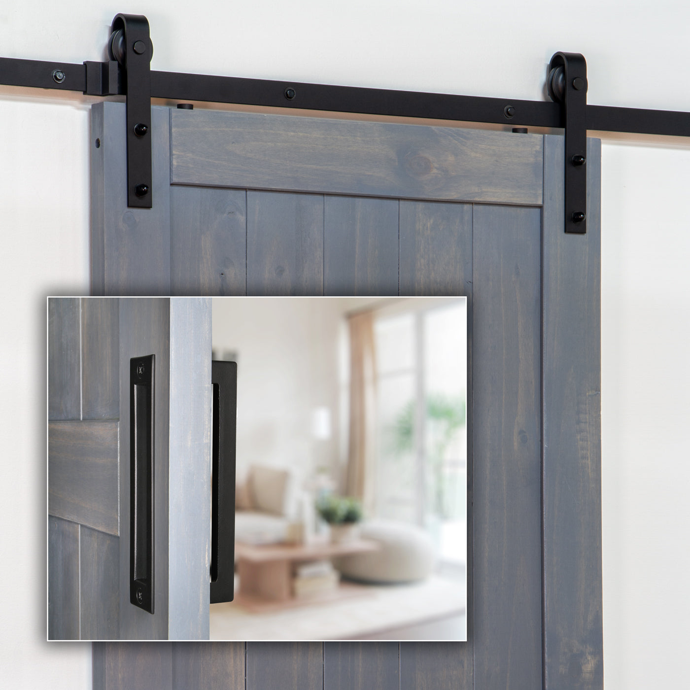 Ageless Iron barn door track kit with black iron grip and flush pull